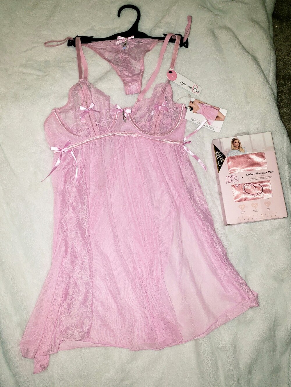 Pink Babydoll Chemise with Matching Thong & 2 Paris Hilton Satin Pillowcases